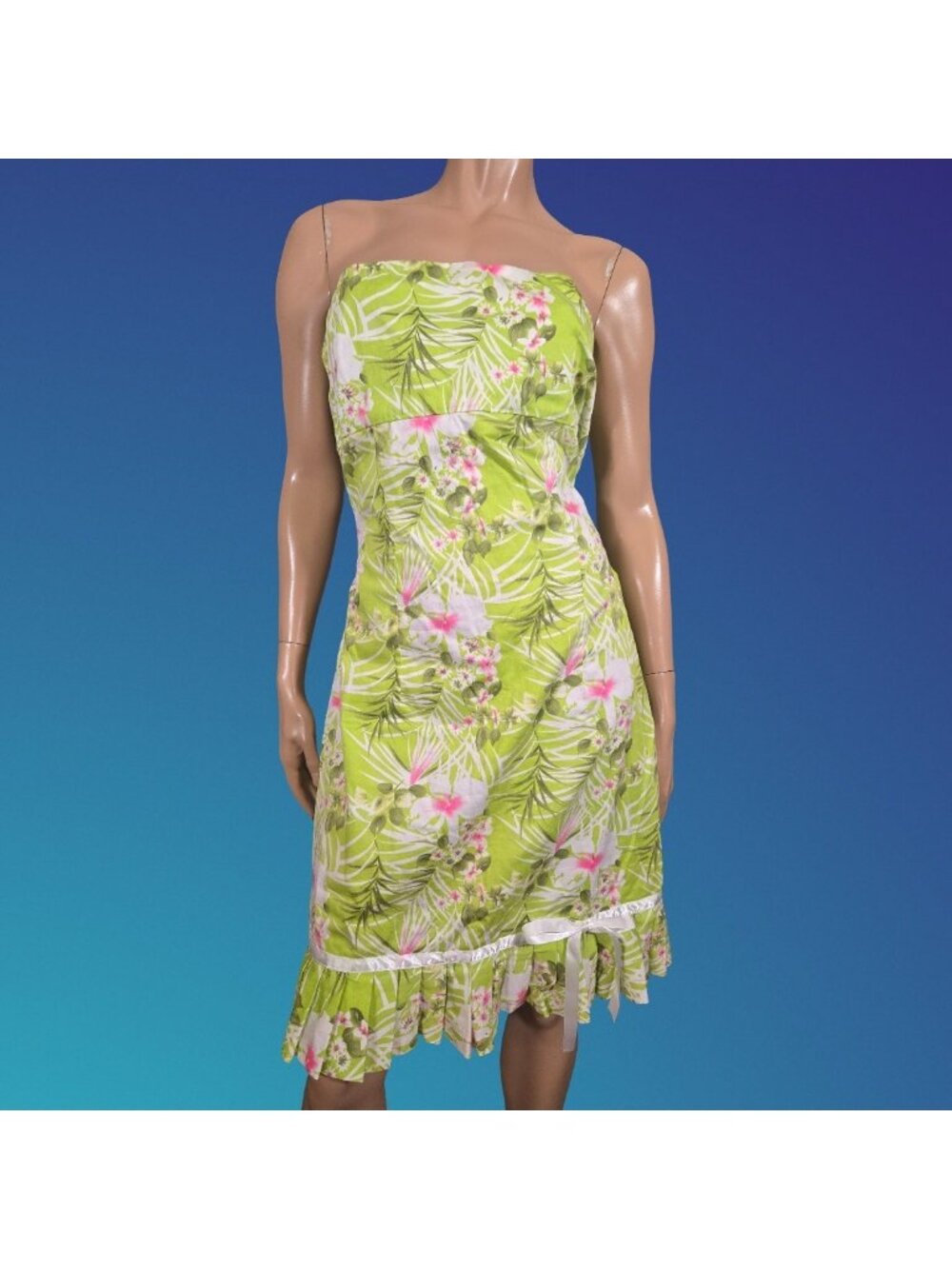 Vintage Y2K Green Floral Strapless Dress With Bow Size M Coquette Retro